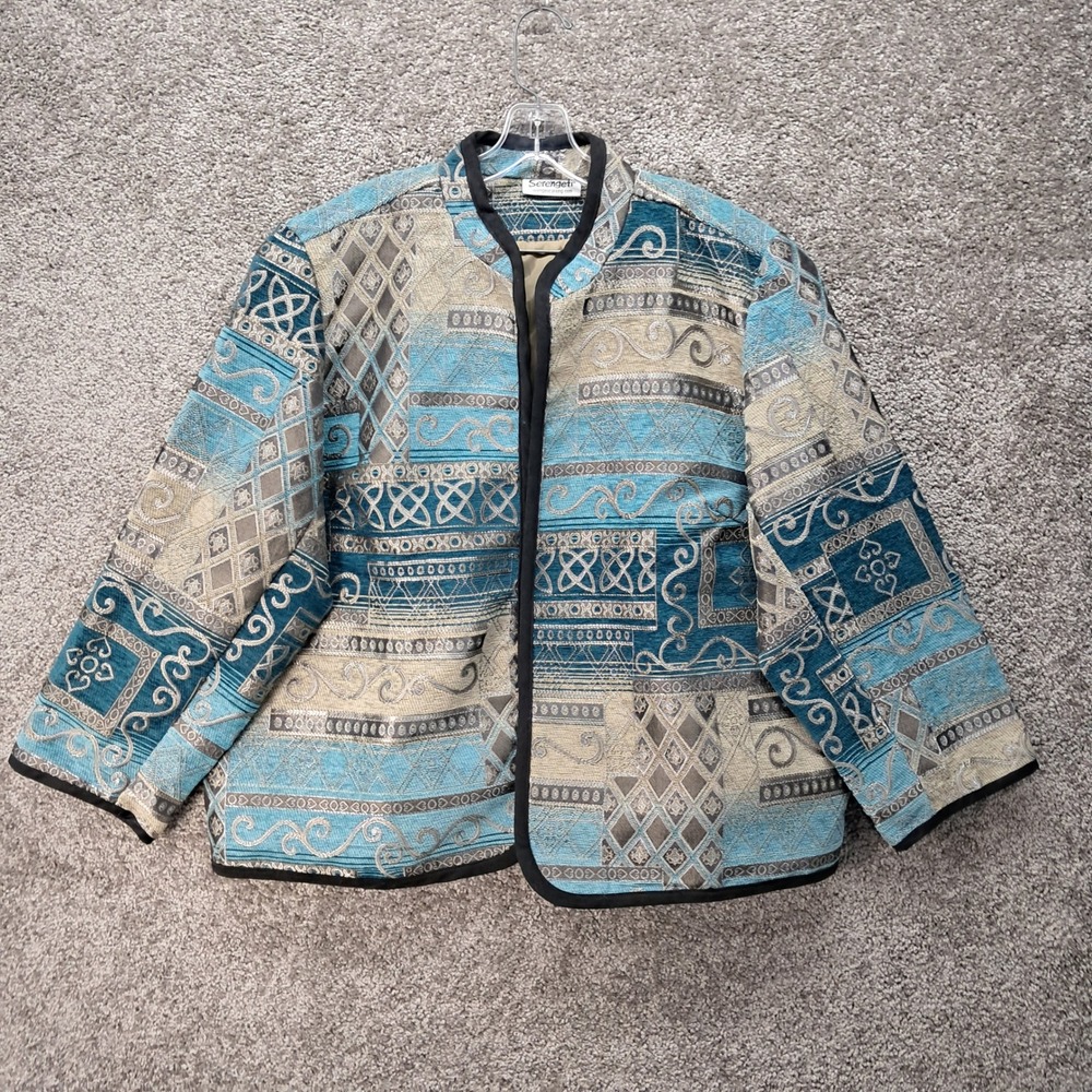Serengeti Womens Blue Teal Tapestry Open Front Mandarin Collar Jacket Size XL